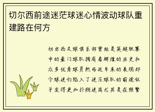 切尔西前途迷茫球迷心情波动球队重建路在何方