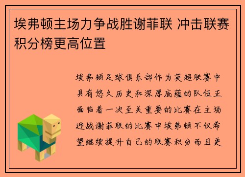 埃弗顿主场力争战胜谢菲联 冲击联赛积分榜更高位置