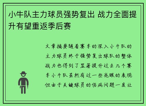 小牛队主力球员强势复出 战力全面提升有望重返季后赛