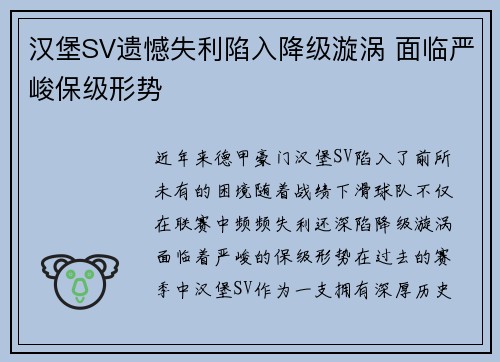 汉堡SV遗憾失利陷入降级漩涡 面临严峻保级形势