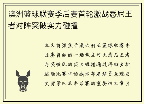 澳洲篮球联赛季后赛首轮激战悉尼王者对阵突破实力碰撞